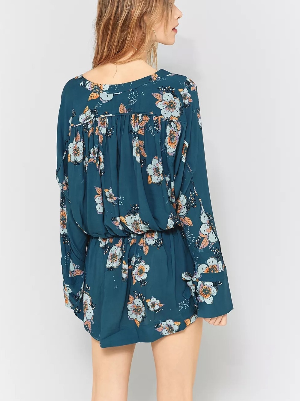 Free People Tuscan Dreams Floral Tunic Mini Dress Teal Blue Faux Wrap - Picture 2 of 11